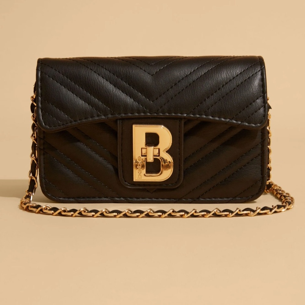 Bebe Black Quilted Faux Leather Crossbody Bag Gold-tone Hardware Chain Strap